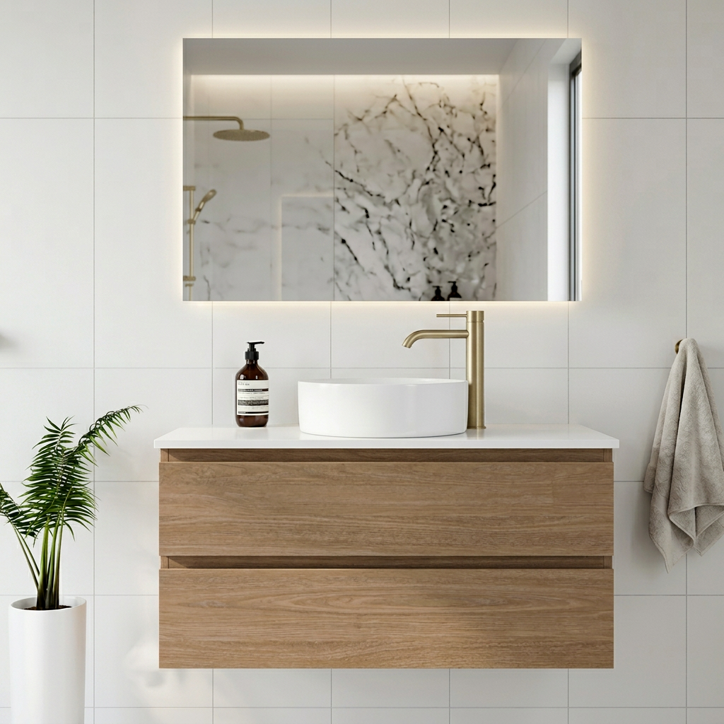 Wall hung oak vanity with a white solid surface top, round vessel basin and brushed brass tower basin mixer