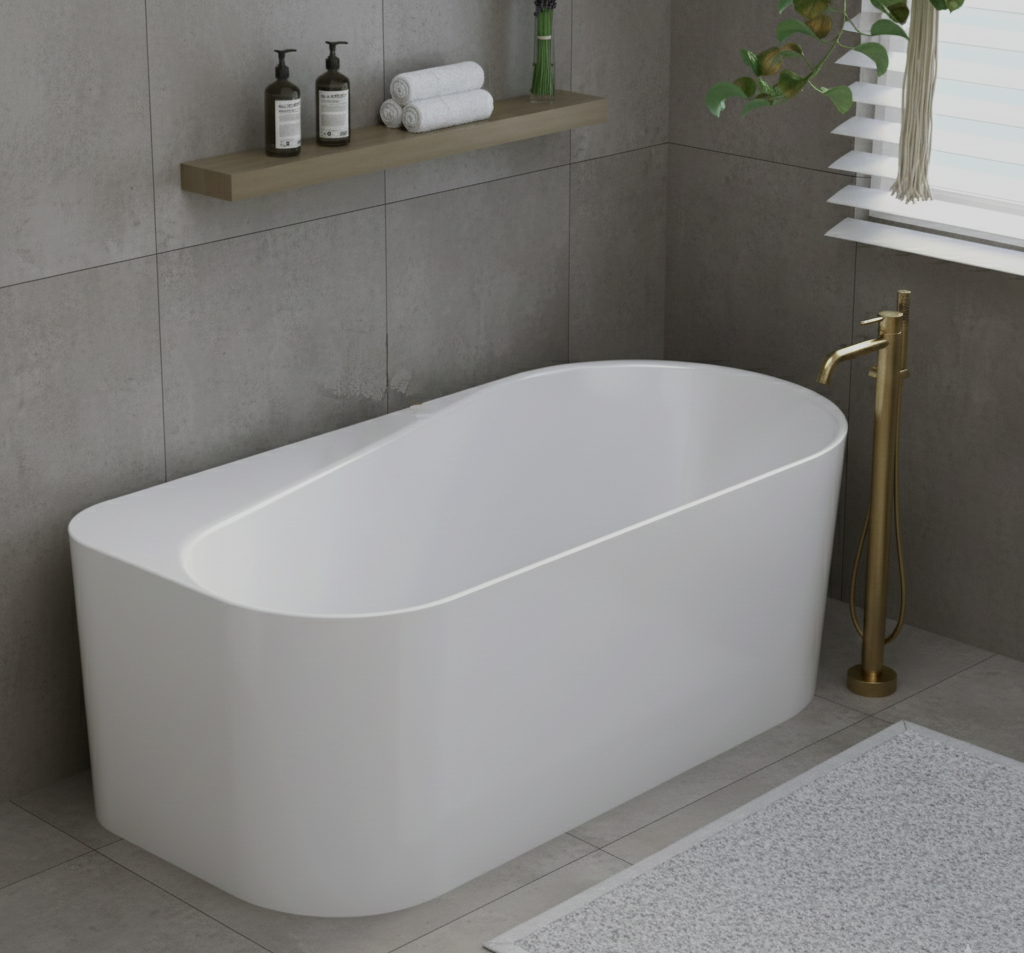Gloss white freestanding bath in a finished Australian bathroom