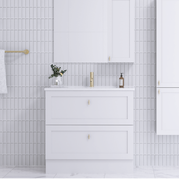 Viesti+900+Kicker+Double+Drawer+Vanity+Satin+White+With+VC+Top