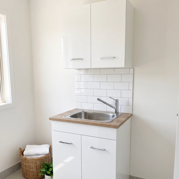 Brighton Laundry Cabinet Sink and Tapware Package Brighton gloss white laundry package installed: freestanding cabinet with oak laminate benchtop, stainless bowl, chrome mixer and overhead cabinet above