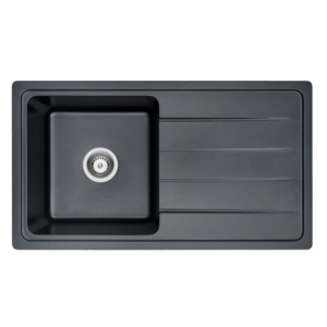 Forio 864 matt black quartz single bowl sink with a full-length drainer, top view