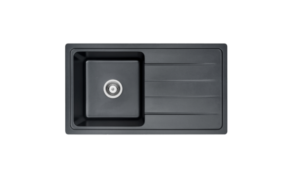 Forio 864 matt black quartz single bowl sink with a full-length drainer, top view