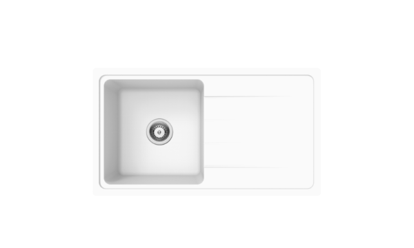 Forio 864 matt white quartz single bowl sink with a full-length drainer, top view